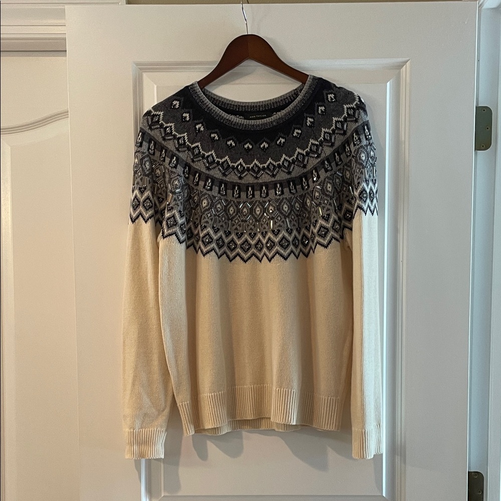 Ann Taylor Cream Crewneck Sweater with Gray & Navy Fair Isle Yoke